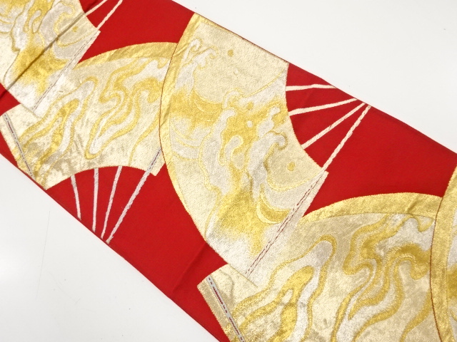 JAPANESE KIMONO / ANTIQUE FUKURO OBI / SILK / WOVEN FOLDING FAN PATTERN